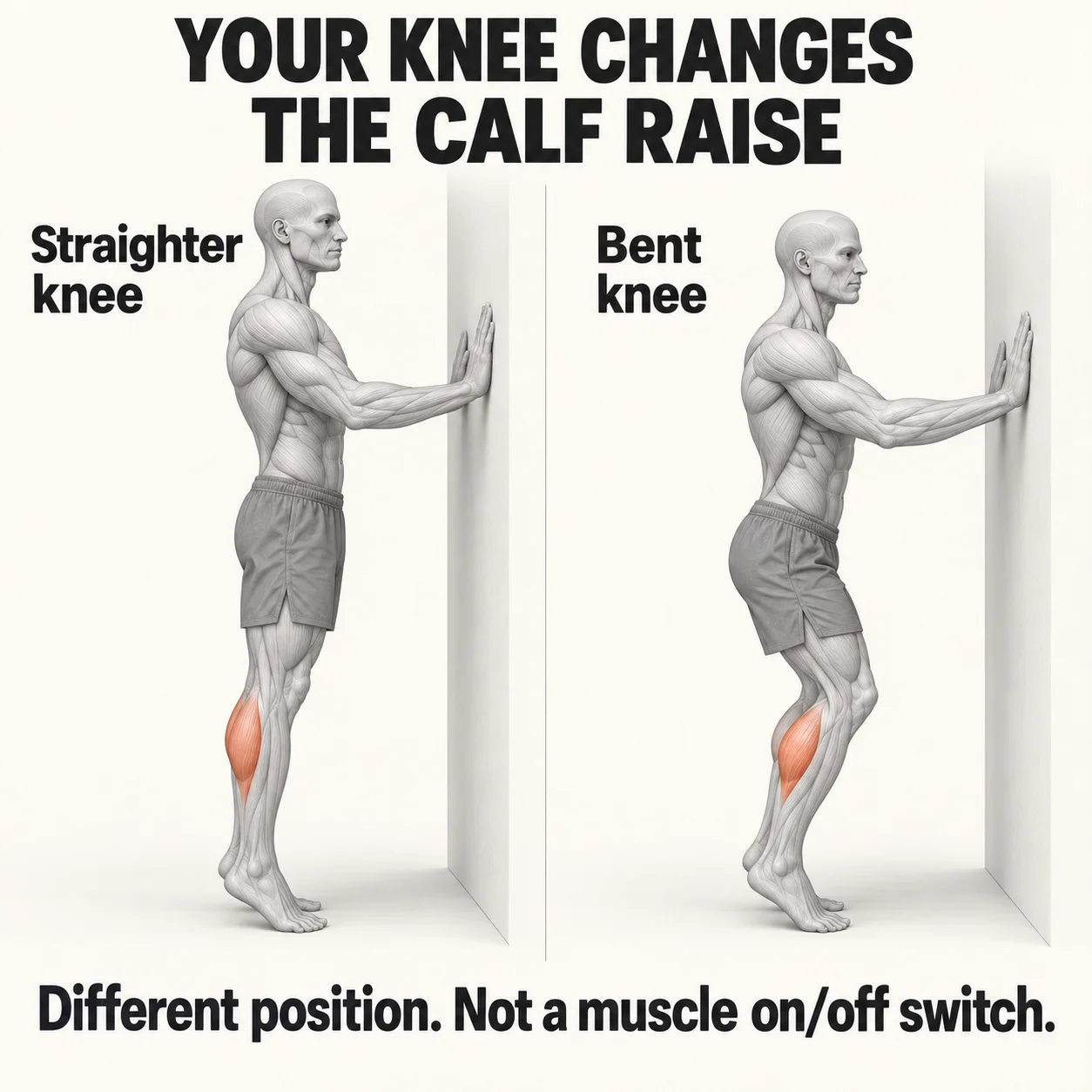 Two gray anatomical models hold a fixed wall with both palms while raising both heels: the left keeps knees nearly straight, the right maintains a shallow knee bend. Both forefeet stay on the floor.