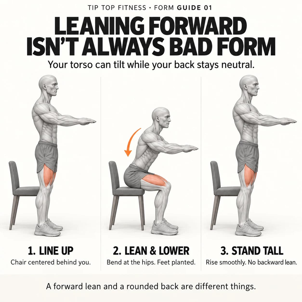 Three side-view anatomical illustrations with the chair centered behind the body: upright start, hips back onto the seat with a forward torso lean and planted feet, and upright finish.