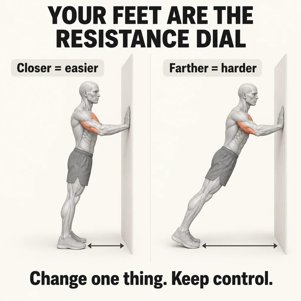 Two side-view anatomical models face a wall with palms contacting it: feet closer to the wall create a more upright position; feet farther away create a stronger whole-body lean.